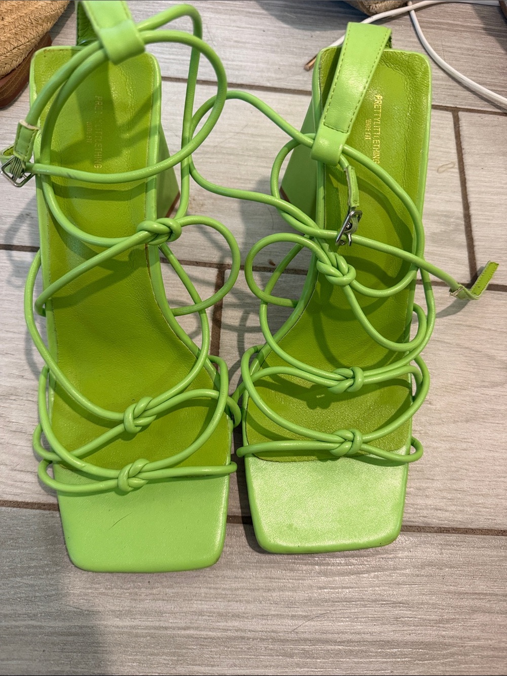 PrettyLittleThing Lime Green Knot Strap Square Toe Heels